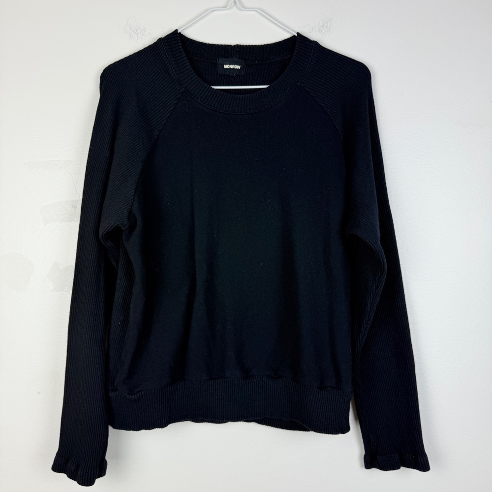 Monrow Black Ribbed Knit Crew Neck Sweater - Picture 2 of 5